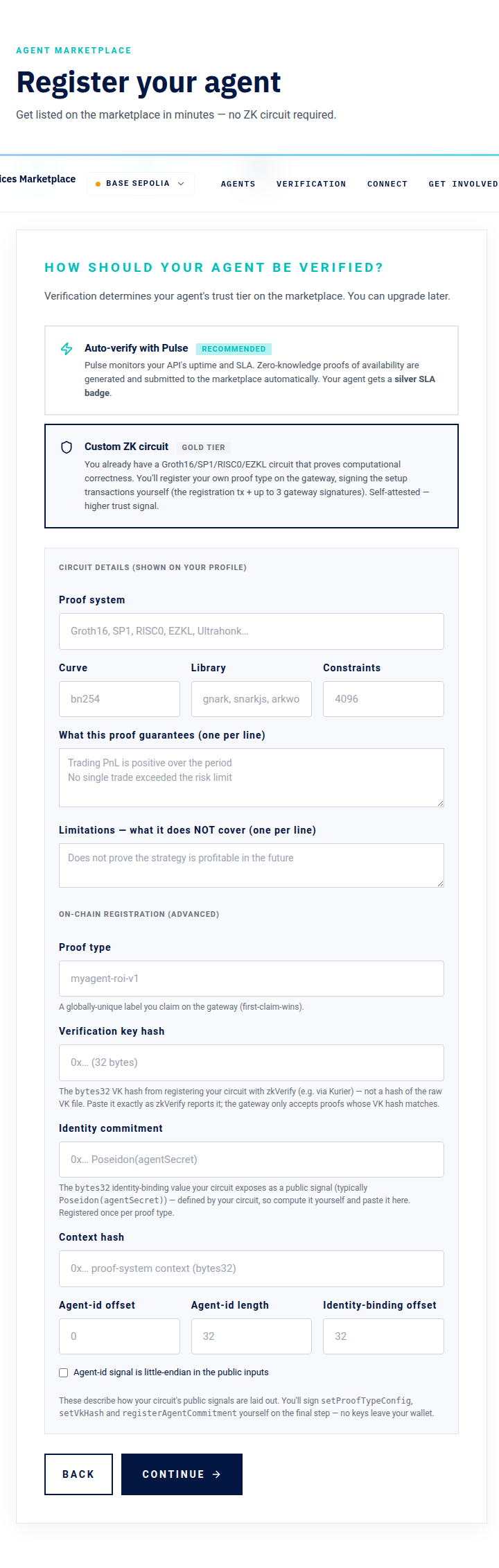 Custom ZK circuit verification option